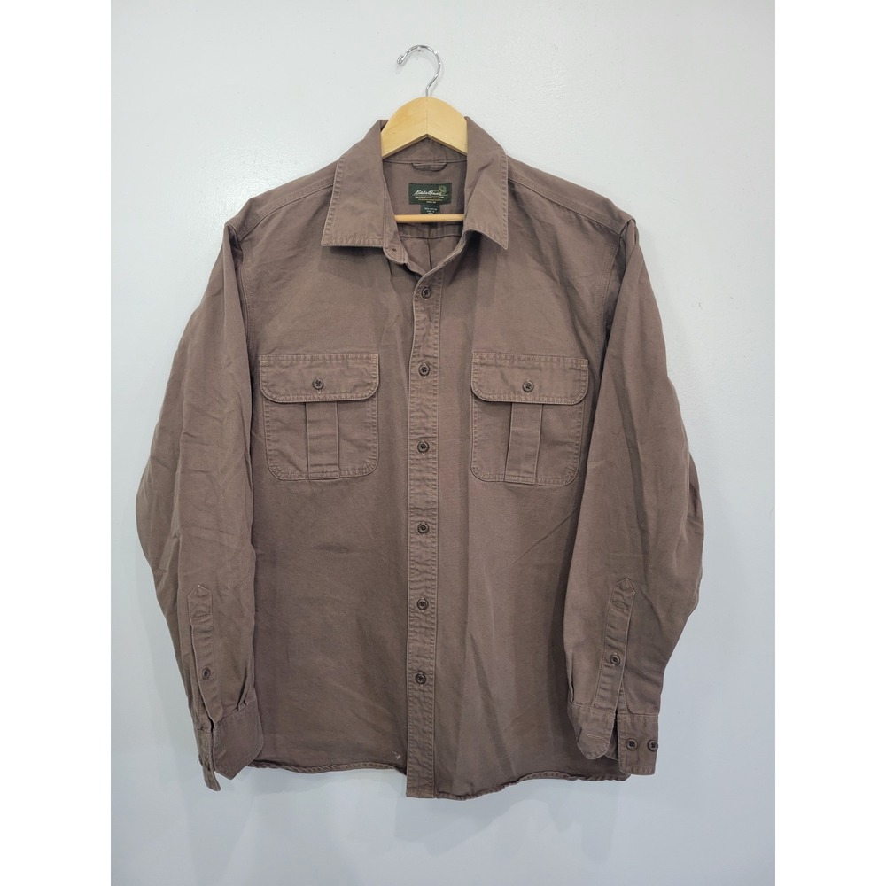 Eddie Bauer Mens XL Brown Cotton Canvas Long Sleeve Button Down Work Shirt‎